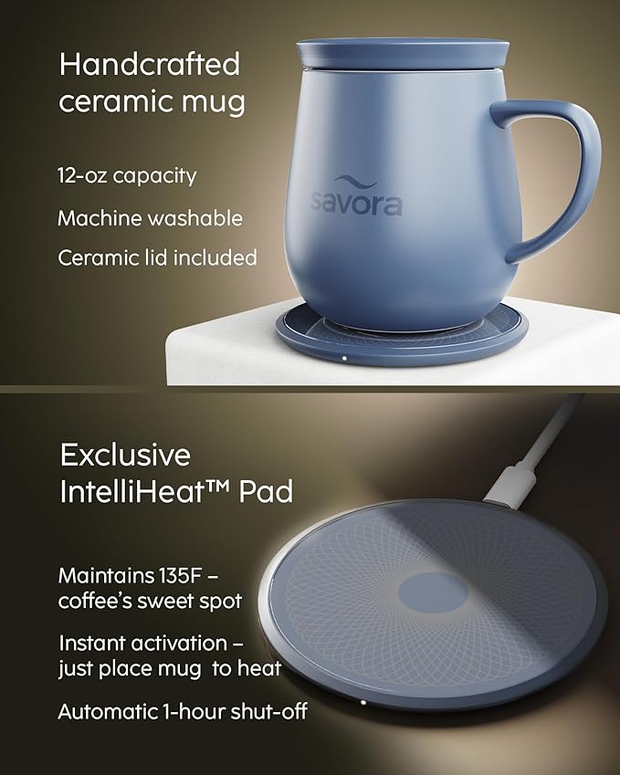 Temperature Control Smart Mug with Wireless Heating Pad - 12oz Ceramic Coffee Mug Warmer | Maintains 135°F Self Heating Cup | IntelliHeat Technology | USB-C Powered - Blue