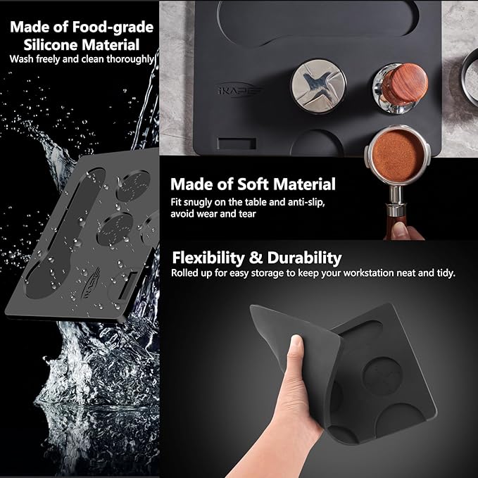IKAPE Coffee Accessory Tool, Silicone Mat with Portafilter Holder, Espresso Tamping Station Mat, Distributor Food Safe & Non-Slip 11.61''x8.54'' (GJ-MAT)