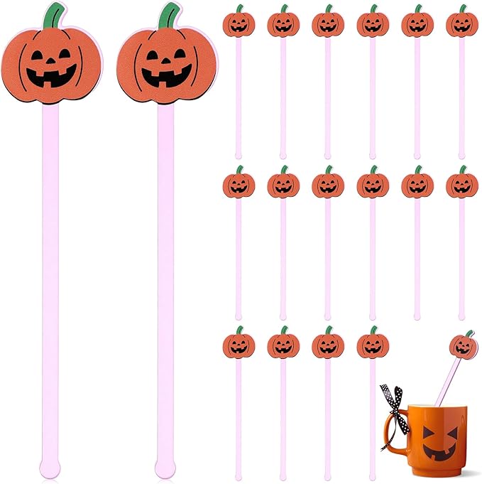 Remerry 18 Pcs Halloween Swizzle Sticks 6.7 Inches Halloween Reusable Stir Sticks Acrylic Drink Stirrers Pumpkin Cocktail Coffee Stirrers Bulk for Coffee Bar Cocktail Milk Party Decor(Pumpkin)
