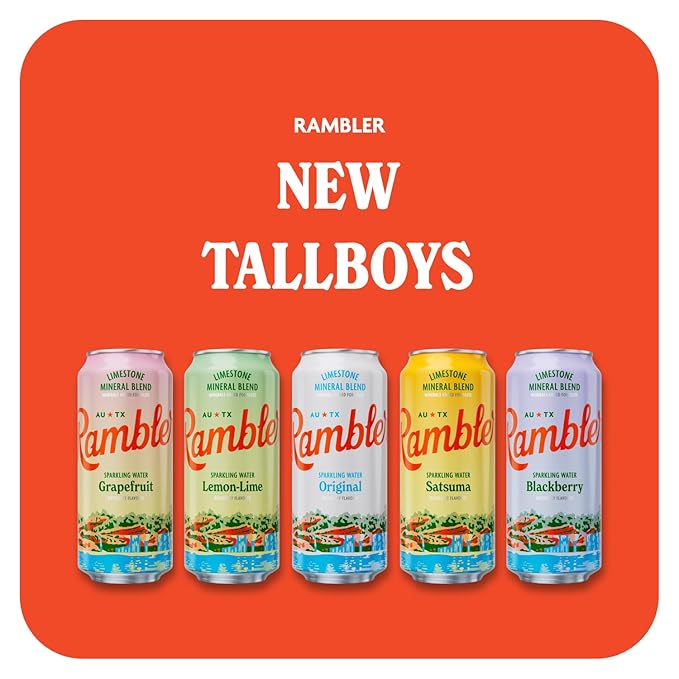 AUTX RAMBLER Sparkling Water, Texas Limestone Mineral Blend, Original Natural Flavor, 16-Ounce Tallboy Cans, 12-Pack
