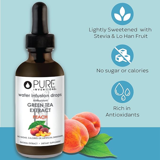 Pure Inventions - Green Tea Peach Water Infusion Drops - Antioxidants & Electrolytes - Health & Wellness Drink - Immunity Support - Sugar Free, Zero Calorie, No Artificial Sweeteners - 30 Servings
