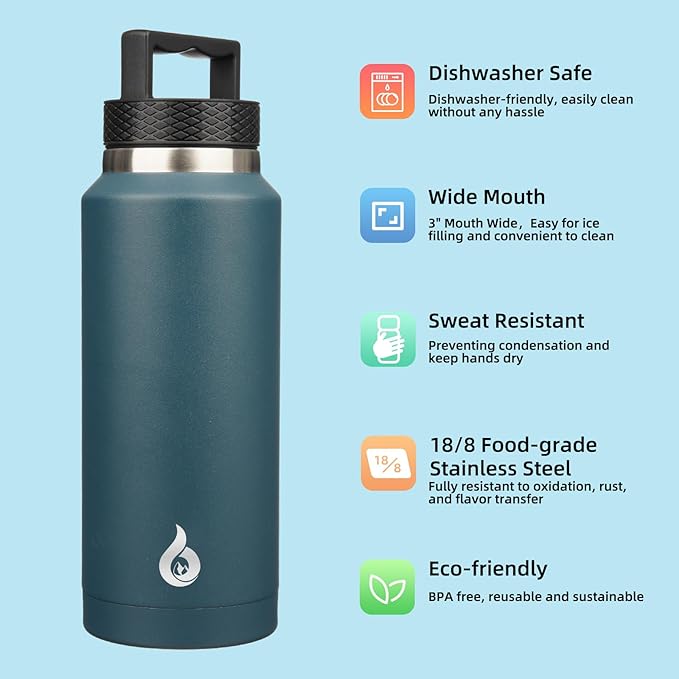 BJPKPK Insulated Water Bottles, Dishwasher Safe 36 oz Water Bottle with Handle, Leakproof BPA Free Water Jug, Stainless Steel Thermos for Sports, Navy Blue