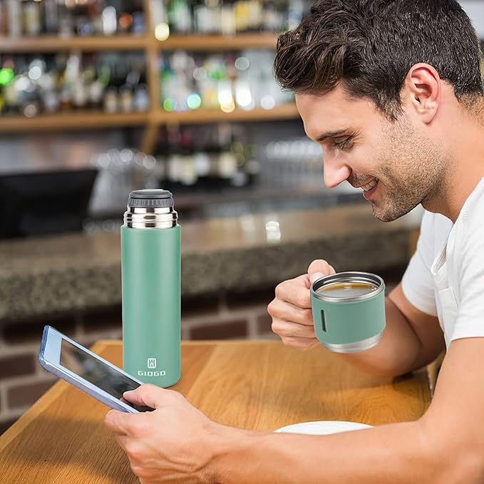 Stainless Steel Thermo 500ml/16.9oz Vacuum Insulated Bottle with Cup for Coffee Hot drink and Cold drink water flask.(Green,Set)