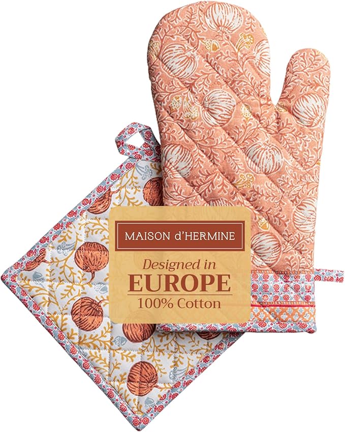 Maison d' Hermine 100% Cotton Oven Mitt & Pot Holder Set (7.5"x13" & 8"x8") Heat Resistant BBQ Cooking Gloves with Loop, Baking, Grilling, Kitchen, Handling Hot Pans (Harvest Festival)