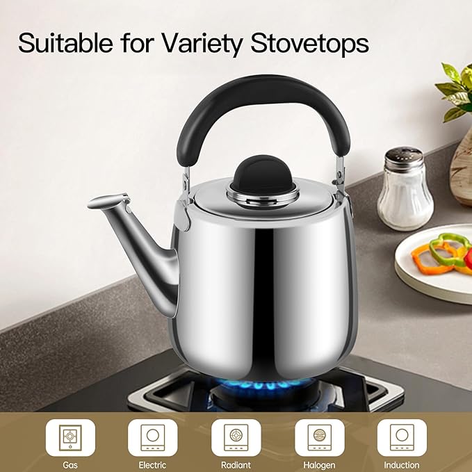 Tea Kettle,Whistling Tea kettle for Stove Top,2 QT Stainless Steel Teapot,Induction Tea Kettle Pot for Stovetop (1.9 L,Silver)