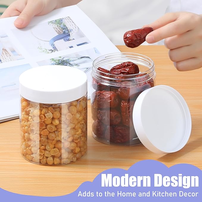 Plastic Jars with Lids, 16 oz Plastic Containers with Lids Clear Airtight Container Storage Jar Mason Jars for Dry Food Peanut Butter Honey Jam Cosmetics, Pack of 16 (16 PCS White Lids)