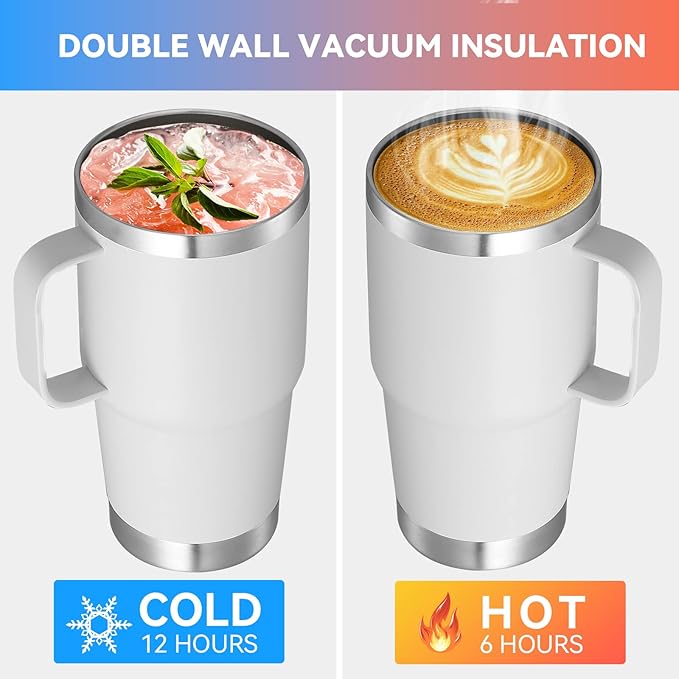 VEGOND 20 oz Tumbler Bulk with Handle Lid and Straw, Stainless Steel Insulated Travel Coffee Mug Set, Spill Proof Double Wall Metal Tumblers Cups, White 6 Pack