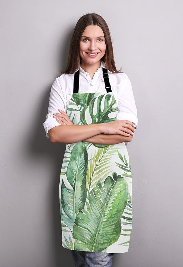 Green tropical palm & fern leaves Adjustable Bib Apron, Tropical Palm Leaves Cooking Kitchen Apron for Men Women