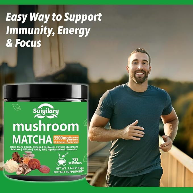 10 Mushroom Matcha Powder with Lion's Mane, Reishi, Mushroom Polysaccharides & More, 3500mg(10:1) Extract, Japanese Ceremonial Matcha for Focus, Energy, Immunity Boost, Memory - 30 Serving