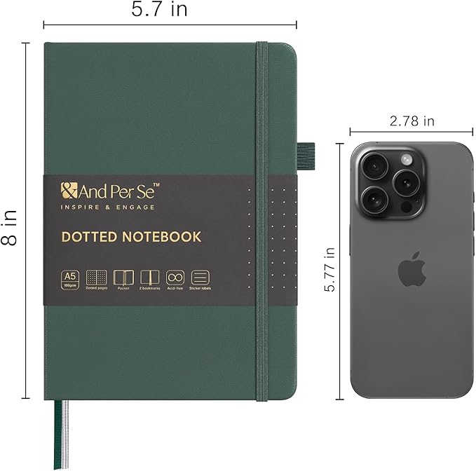 &And Per Se Dotted Journal Notebook, A5 Hardcover Leather Bullet Dotted Journal, 160 Pages 100 gsm Thick Dotted Paper，3 Sheets of Stickers Included - 5.7'' x 8''（Green）