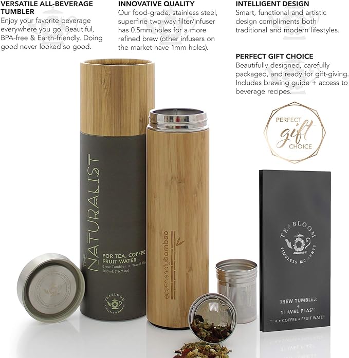Teabloom All-Beverage Travel Tumbler – Large Capacity 17 oz / 500 ml – Insulated Thermos Mug – Eco-Friendly Bamboo – Hot and Cold Tea Infuser – Cold-Brew Coffee – Fruit-Infused Water – The Naturalist