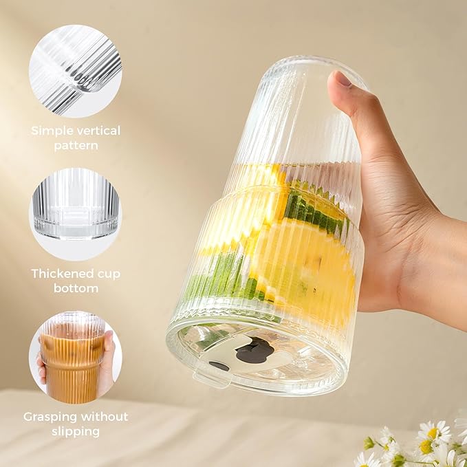4PCS 20oz Glass Cups with Lids and Straws, Iced Coffee Cups with Lids, Stylish Ribbed Thick Drinking Glasses Tumbler for Juice, Smoothies, Cold Beverages, Cute Cup Gifts with Clean Brush