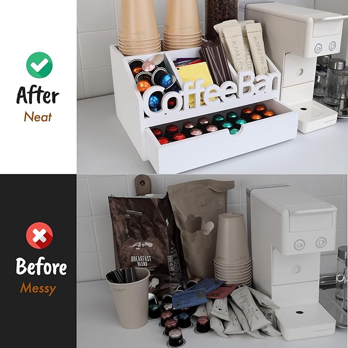 Coffee Bar Organizer for Countertop – Wooden Coffee Station with Black Drawer, Tea and K Cup Storage Rack, Coffee Pod Holder for Home and Office Counter Organization (Drawer - White)