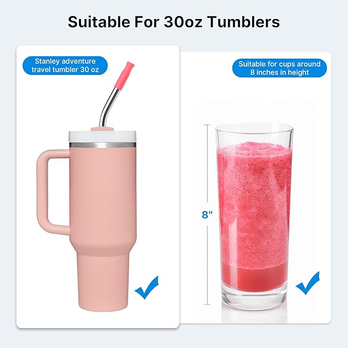 2 Pcs Stainless Steel Straw with Silicone Tips for 40 oz Stanley Tumbler, Repeatable 40 oz Metal Straws for Stanley Adventure Quencher Travel Tumbler Cup, BPA Free（Pink Dusk）