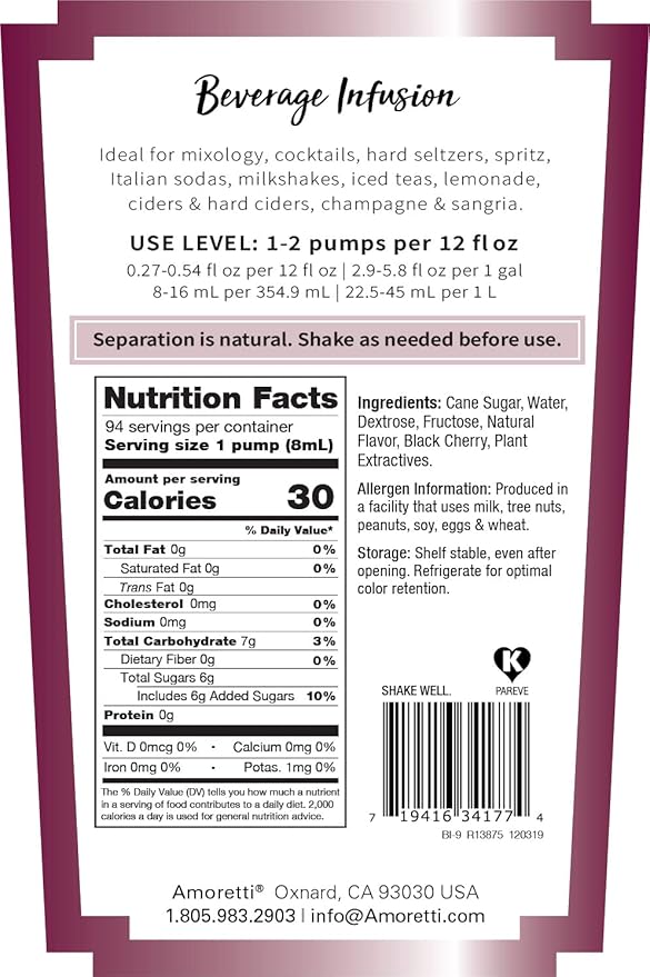 Amoretti - Black Cherry Beverage Infusion - Drink Mix & Water Enhancer with Pump for Flavoring Cocktails, Waters, Teas, and other Beverages, 94 Servings Per Bottle (750 ml), Preservative Free