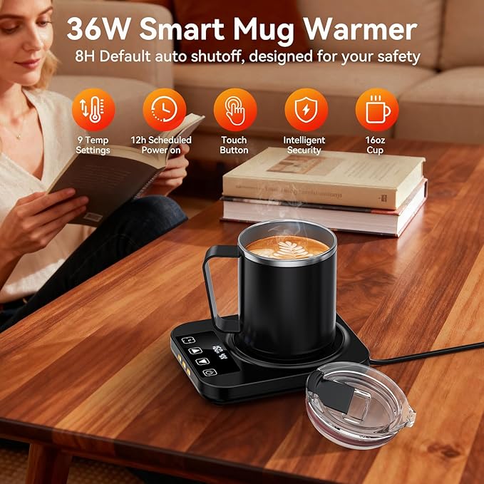 Coffee Mug Warmer & Mug Set for Desk, 36W Electric Coffee Mug Warmer with 16oz Cup, 1-12H Timer Auto Shut Off, 9 Temp Settings Heated Plate for Beverage Tea Water Milk, Coffee Lovers Gifts, Black