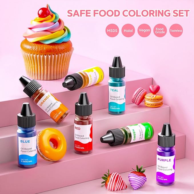 Oil Based Food Coloring for Chocolate Rainbow Oil Edible Food Dye Set for Baking Royal Icing Cookie Supplies Gluten Free 7x6ml Food Grade Food Color Kit, 0.25 Fl. Oz/Bottles
