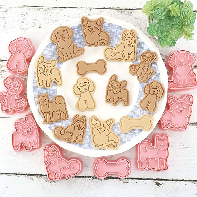 8 Dog Cookie Cutters Set, 3D Puppy Cookie Stamps, Cupcake Pancake Apple Pie Pastry Biscuit Molds, Cookie Baking Molds for Dog Party Decorations (Puppy-2)