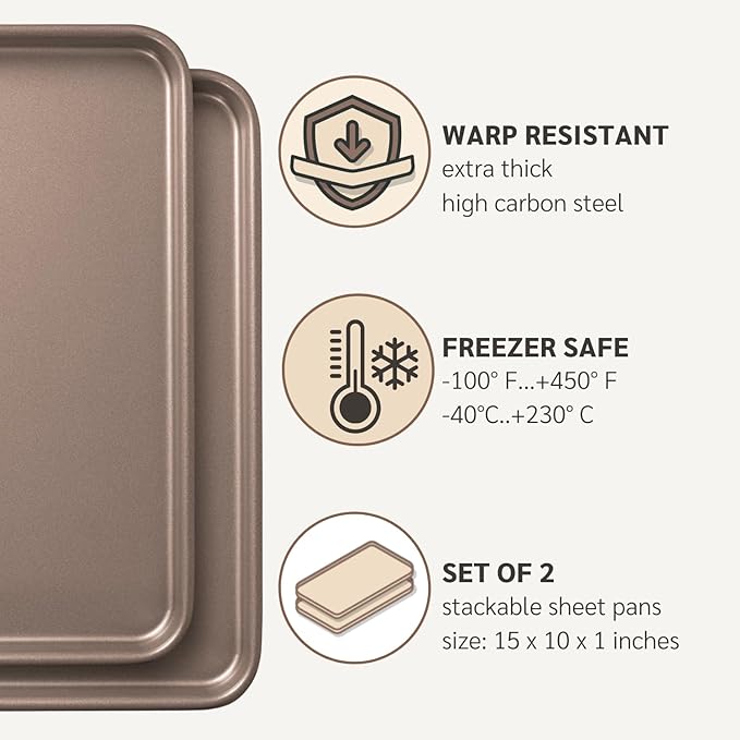 Nonstick 15x10 inch Baking Sheet Set of 2 | PFOA & BPA Free Non Toxic Carbon Steel 10x15 inches Cookie Sheets | Best Non stick Oven Cooking Pans & Jelly Roll Pan | Best Nontoxic Baking Trays