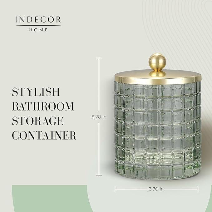 Glass Jar with Metal Lid for Bathroom Organization, Clear Apothecary Jar for Cotton Balls, Q Tips, and Small Accessories, Stylish Bathroom Storage Container Sage Green, Gold