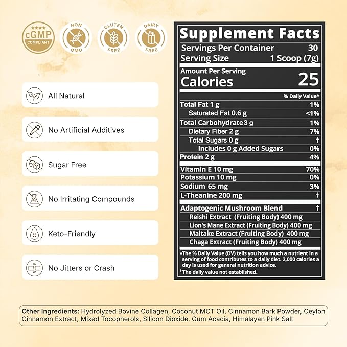 Veltracha Coffee Supplement, Spice Collagen Creamer Cinnamon, L-Theanine & 4 in 1 Functional Mushrooms, Non-Dairy, Sugar Free & Keto-Friendly MCT Creamer for Energy & Gut Health, 30 Servings