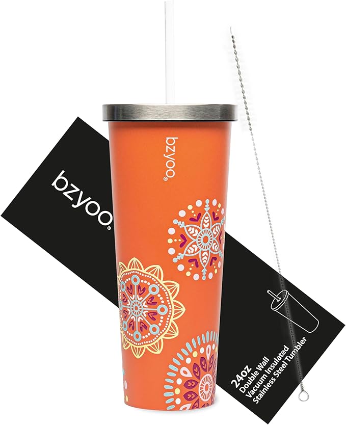 bzyoo SUP Double Wall Vacuum Insulated 24oz Tumbler with Straw and Lid Stainless Steel Water Bottle Travel Mug Cup, Mother's Day Gift Perfect For Ice Coffee or Tea Color: Orange Madallion