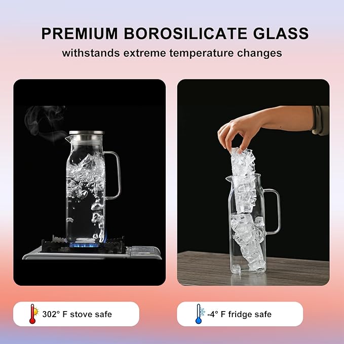1.8 Liter Glass Pitcher with lid 60oz Glass Water Pitchers for Fridge Heat Resistant Glass Water Carafe with Handle for Party Water Jugs Tea pitcher Lemonade Iced Tea Jug Juice or Drinks