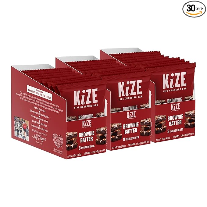 KiZE Energy Bars - Brownie Batter - 30-Count - Almond-Butter-Based, Gluten Free, Dairy Free, Non-GMO, and High Protein Meal Replacement Energy Bars, Clean and Simple Food Ingredients - 10g High Protein Snacks (30 Count)