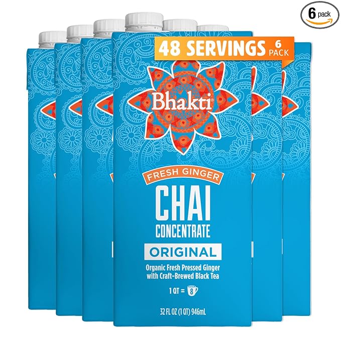 Bhakti Chai Tea Concentrate | Original, Organic Fresh Ginger, Black Tea, Sweetened, Spiced, Dairy-Free, Vegan (Pack of 6)