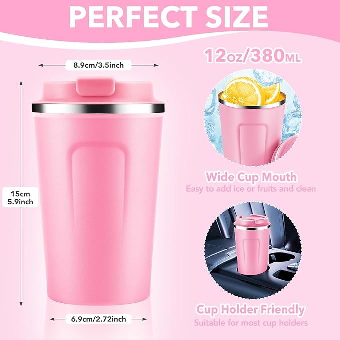 Volhoply 12 oz Double Wall Insulated Vacuum Travel Coffee Mug with Flip Lid Bulk 4 Pack,Reusable Stainless Steel Leak Proof Coffee Cups,Portable Cafe Thermal Tumbler for Hot & Cold Drinks(Pink,4 Set)