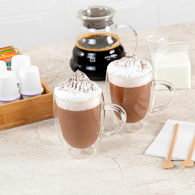 Restaurantware-Forma Professional 11.8 Ounce Glass Coffee Cups, 2 Insulated Coffee Cups With Handle - Dishwashable, Reusable, Clear Double Wall Beverage Tumblers, Freezable, For Hot Or Cold Beverages