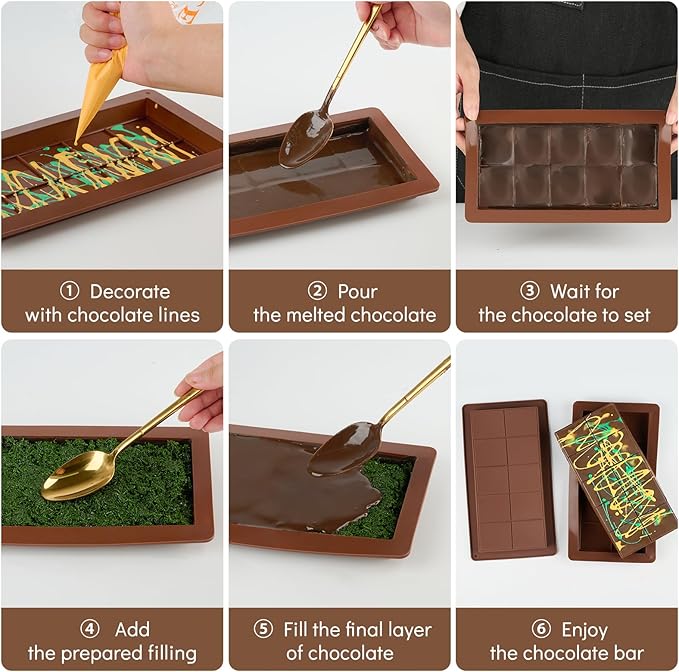 2 Pcs Large Dubai Chocolate Bar Molds, 0.8 Inch Deep Silicone Stuffed Chocolate Bar Molds, Big and Thick Candy Bar Moulds for Filling Homemade Knafeh Pistachio Bars