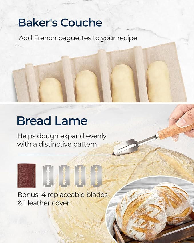 Banneton Bread Proofing Basket Set of 2 (10" Round & Oval Rattan) - Sourdough Bread Baking Supplies with Exclusive Bakers Couche, Dough Whisk, Dough Scraper, Bread Lame & Sourdough Starter Kit