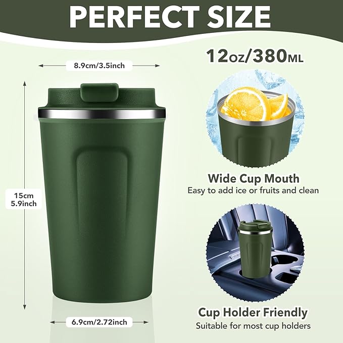 Volhoply 12 oz Double Wall Insulated Vacuum Travel Coffee Mugs with Flip Lid Bulk 2 Pack,Reusable Stainless Steel Leak Proof Coffee Cup,Portable Thermal Tumbler for Cold & Hot Drinks(Army Green,2 Set)