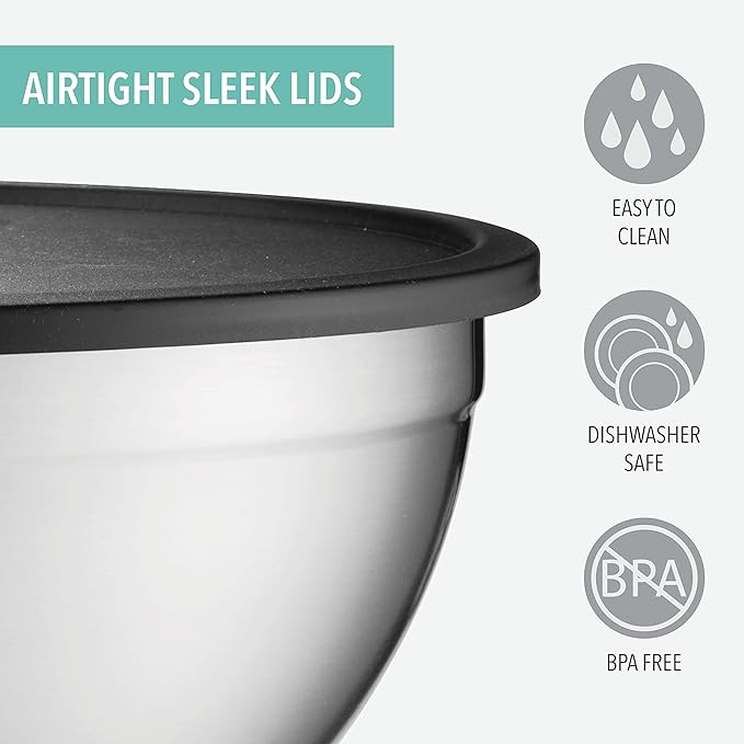 Mixing Bowls with Lids Set, Stainless Steel Mixing Bowls with Airtight Lids, Nesting Mixing Bowl Set for Space Saving Storage, Ideal for Cooking, Baking, Prepping & Food Storage