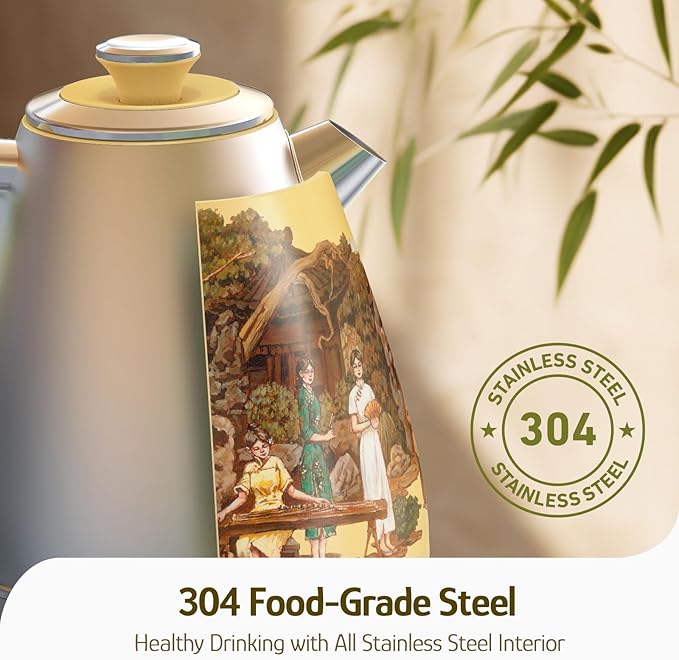 Hazel Quinn Retro Electric Kettle - 1.7 Liters / 57.5 Ounces Tea Kettle with Thermometer, All Stainless Steel, 1200 Watts Fast Boiling, BPA-free, Cordless, Automatic Shut Off - Garden Scenery