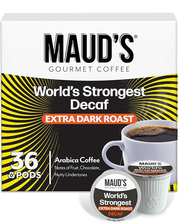 Maud's World's Strongest Decaf Dark Roast Coffee Pods, 36 ct, Decaffeinated Dark Roast Coffee in Recyclable Single Serve Pods – 100% Arabica Coffee, Compatible with Keurig K Cups Maker