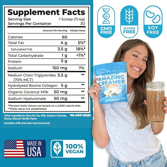 Superfoods Company Amazing Creamer with Collagen - Keto Creamer-Hyaluronic Acid & MCT Oil - Brain Boost & Curbs Cravings - Supports Healthy Skin & Hair - Diet-Friendly [60 Servings] [Vanilla]