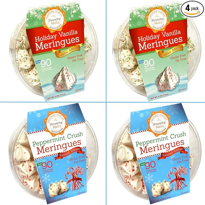 4 Pack Krunchy Melts Original Meringue Cookies | Holiday Season 4-Pack | 2 Holiday Vanilla, 2 Peppermint Crush | Only 80-90 Calories Per Serving | Low Fat/Fat Free, Gluten Free, Dairy Free (4 Oz)