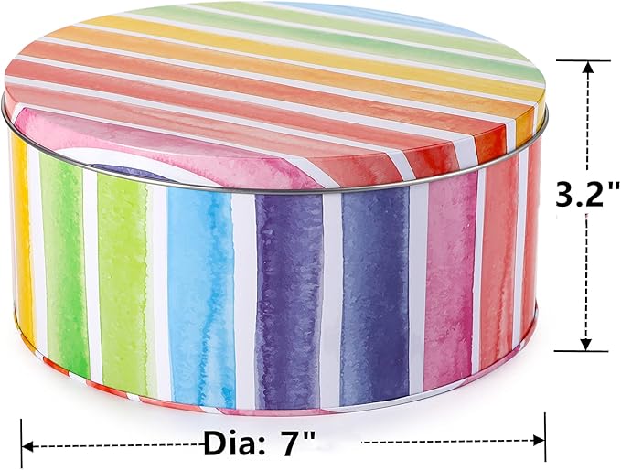 Yopay 3 Pack Cookie Tins, Round Baking Cake Gift Tins for Storing Patisseries, Puff Pastries Craft Supplies, Easter, Special Occasion and Holidays, Rainbow Pattern, 7" W X 3.2" H, Metal
