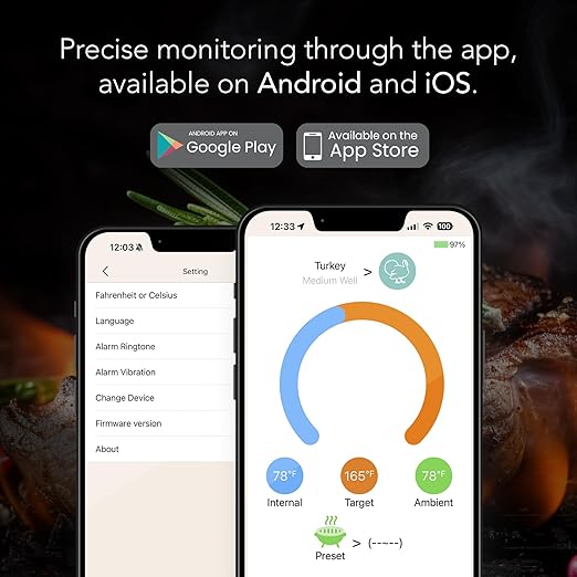 Charm Smart Wireless Meat Thermometer 1000°F Open Flame Grilling - 500 ft Range Bluetooth Meat Thermometer for BBQ, Grill, and Smoker - Dual Temperature Sensors App-Controlled Food Thermometer