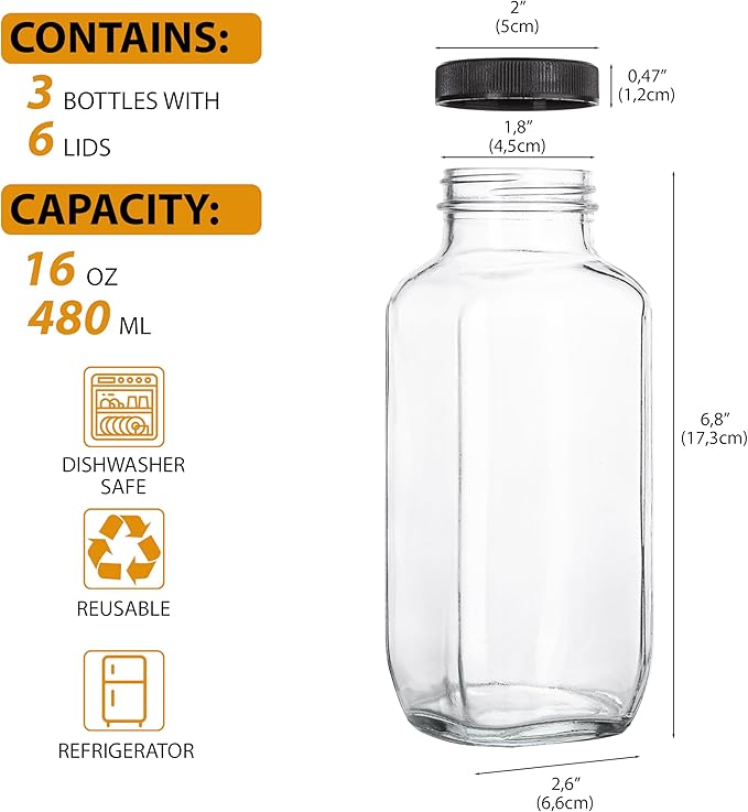 Juice Bottles with Lids, 16 Oz - Set of 3 - Clear Glass Jars with Caps - Reusable Empty Drink Containers for Juicing, Smoothies, Water, Milk, Kombucha Storage, Wellness Shots and More (3)
