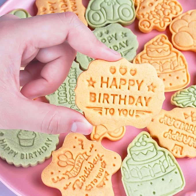 8PCS Happy Birthday Cookie Cutter Sets 3D Plastic Cookie Cutters with Plunger Stamps Pressable Biscuit Mold Cookie Molds Cake Baking Fondant Cutter Birthday Party DIY Cookie Decorating Supplies(C)