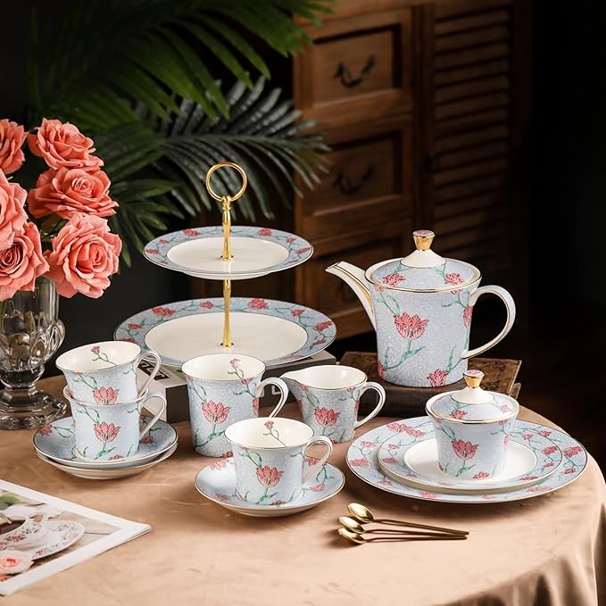 ACMLIFE Tea Set for Adults- Fine China Tea Set for 6, 21-Piece Vintage Coffee Set English Porcelain Tea Pot Sets for Adult Tea Party for Women Gift (Tulip Blue, Extra Large 21)