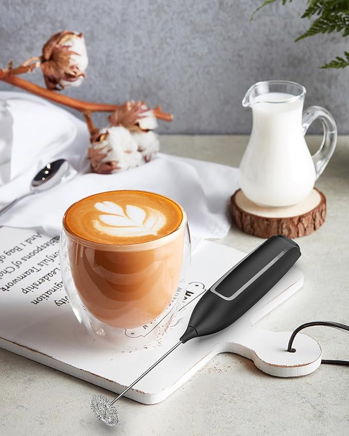 Milk Frother Handheld Battery, Electric Foam Maker Frother Wand, Drink Mixer with Stainless Steel Whisk for Coffee, Matcha, Lattes, Cappuccino Black