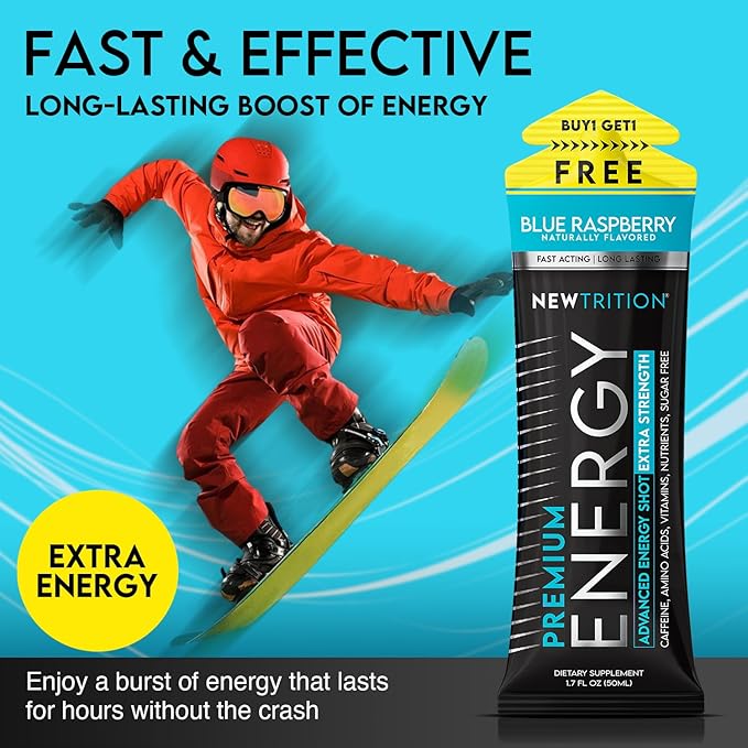 NewTrition® Extra Strength Energy Shots, 250mg Caffeine Energy Shots with Vitamin B & Amino Acids, Sugar-Free Vitamin Energy Shot, 1.7 fl oz (Pack of 12, Blue Raspberry)