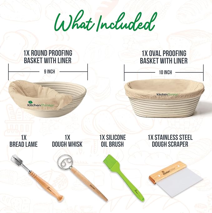Banneton Bread Proofing Basket, Sourdough Bread Baking Supplies with 9 Inch Round and 10 Inch Oval Banneton Basket, Danish Dough Whisk,Dough Scraper and Bread Lame