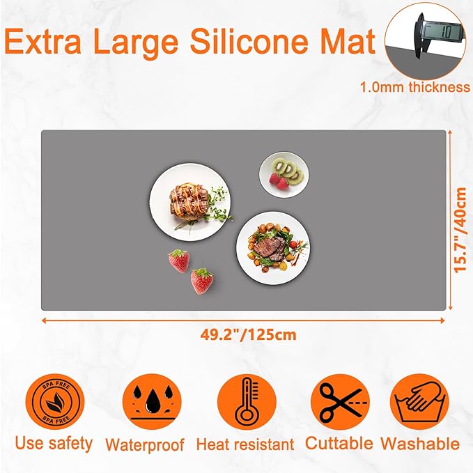 49.2''x15.7''(125cmx40cm) Extra Large Silicone Mat, Silicone Mats for Kitchen Countertop, Heat Resistant Mat Kitchen Island Countertop Protector, Waterproof Kitchen Counter Mats, Black