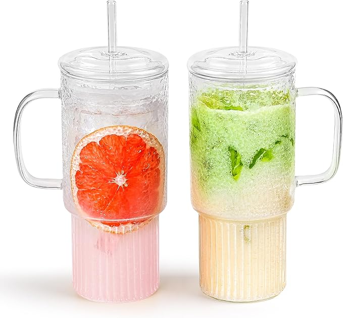 32oz Glass Cups with Handle & Glass Lids and Straws, 2 Pack Large Borosilicate Glass Tumblers for Iced Coffee, Smoothies, Fruit Drinks. Reuseable Glasses Cups for Cold/Hot Water