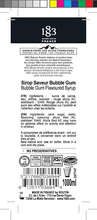 1883 Bubblegum Syrup for Drinks, Made in France, 1 Liter Glass Bottle